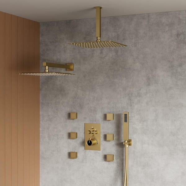 YAWWALK Thermostatic Valve 15-Spray 12 in. Ceiling Mount Dual Shower Head and Handheld Shower 6-Jets in Brushed Gold