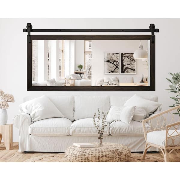 (64 in. W x 31 in. H) Black Walnut Accent Mirror with Steel Barn Door Rail