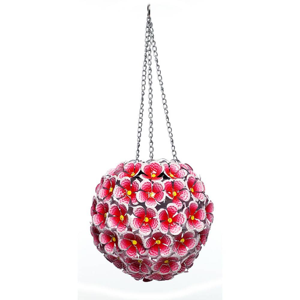 8 in. Tall Alpine Solar Metal Hanging Red Hydrangea Ornament with White LED