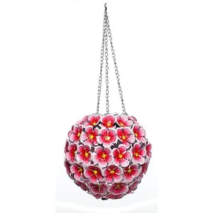 8 in. Tall Alpine Solar Metal Hanging Red Hydrangea Ornament with White LED Lights