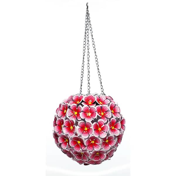Alpine Corporation 8 in. Tall Alpine Solar Metal Hanging Red Hydrangea Ornament with White LED Lights