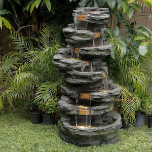 58 in. Tall Outdoor 8-Tier Rainforest Rock Water Fountain with LED Lights