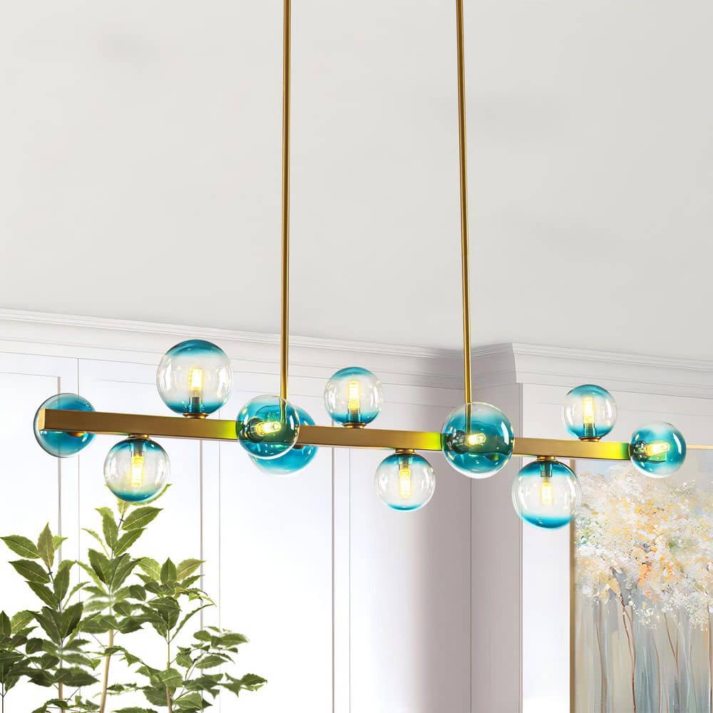 Luna 12-Light Brushed Gold Mid-Century Modern Kitchen Island Pendant with Gradient Blue Glass Globes price history on PriceWatchPro