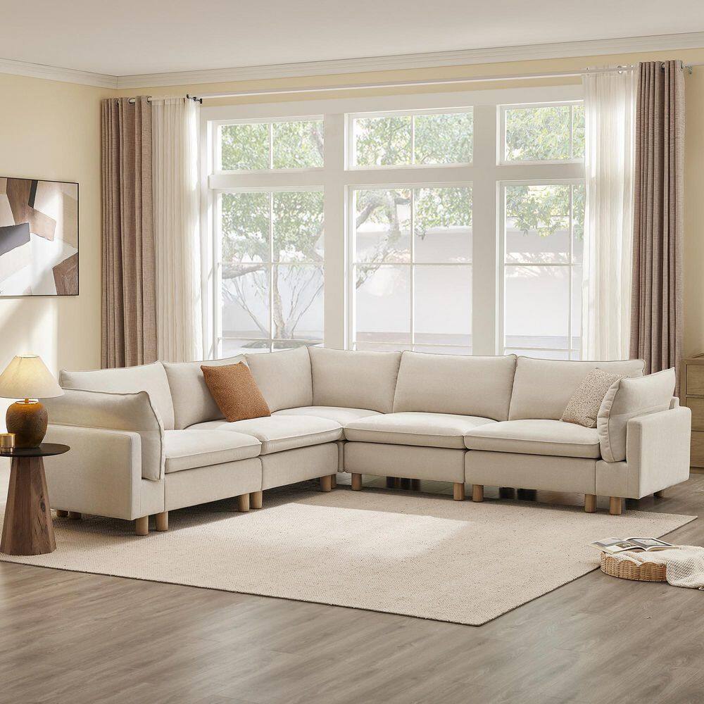 Wesley 118.1 in. 5-Piece Modern Corner Modular Sofa in Cream Fabric with Arms for Living Room