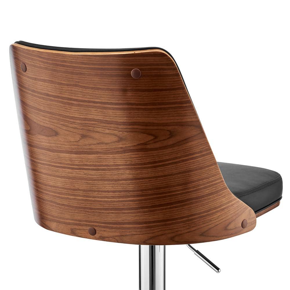 Adjustable Swivel Black Leather & Walnut Wood Bar Stool with Chrome Base