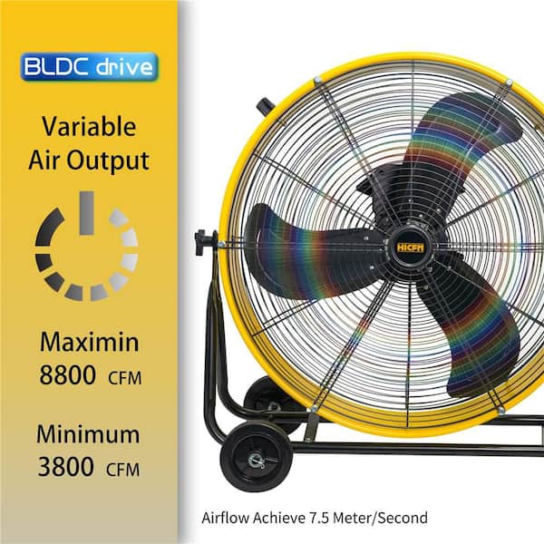HiCFM 24 in. Yellow Drum Fan, Variable Speed DC Motor, 8800 CFM, 180° Pivot, Turbo Floor Fan, UL Listed