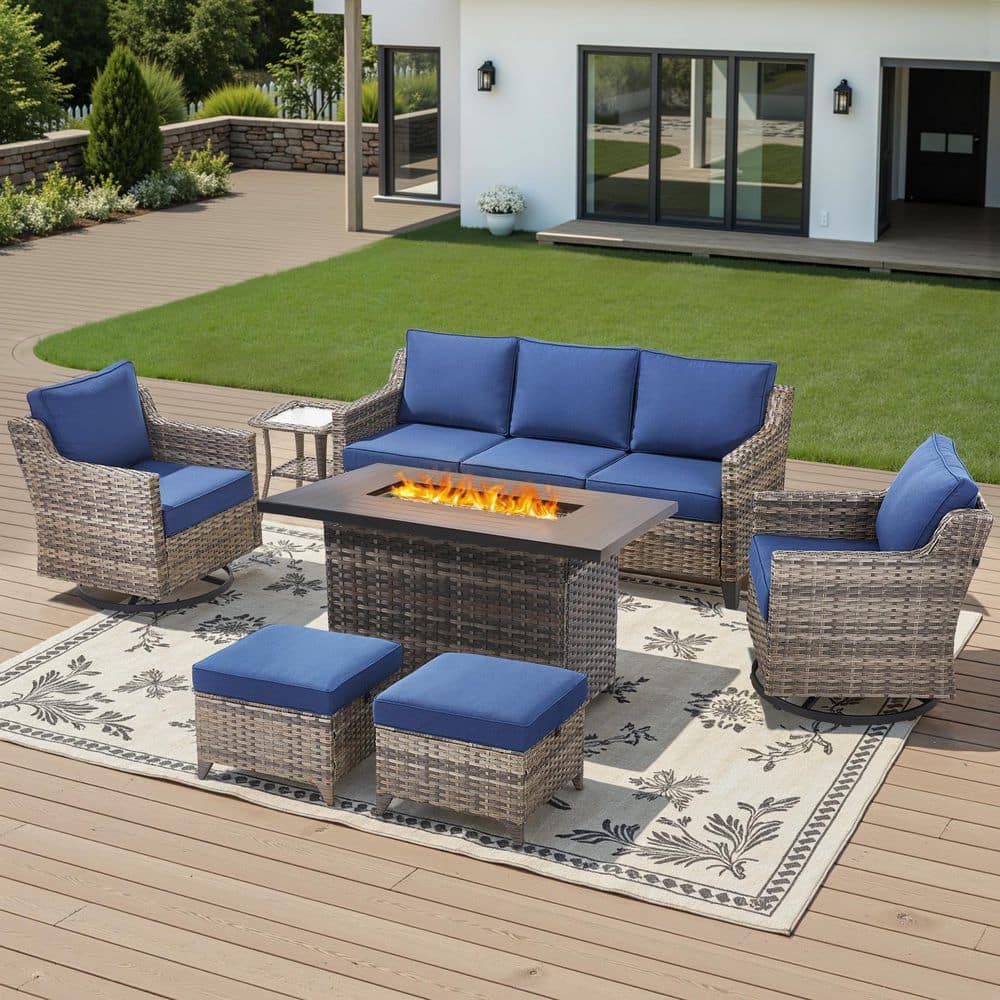 Rattan Wicker 7 Seat 7-Piece Steel Outdoor Fire Pit Patio Set with Blue Cushions, Rectangular Lift-Top Fire Table price history on PriceWatchPro