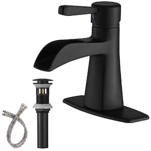 Single-Handle Single-Hole Brass Waterfall Bathroom Sink Faucet with Pop-Up Drain Assembly and Deckplate in Matte Black