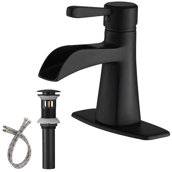 FLG Single-Handle Single-Hole Brass Waterfall Bathroom Sink Faucet with Pop-Up Drain Assembly and Deckplate in Matte Black
