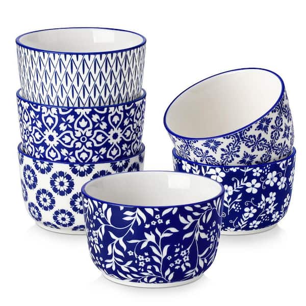 6-Piece 8 oz. Round Porcelain Ramekins Set Baking Cups Mini Blue and White Patterns Bowls for Baking Dip Sauce Desserts
