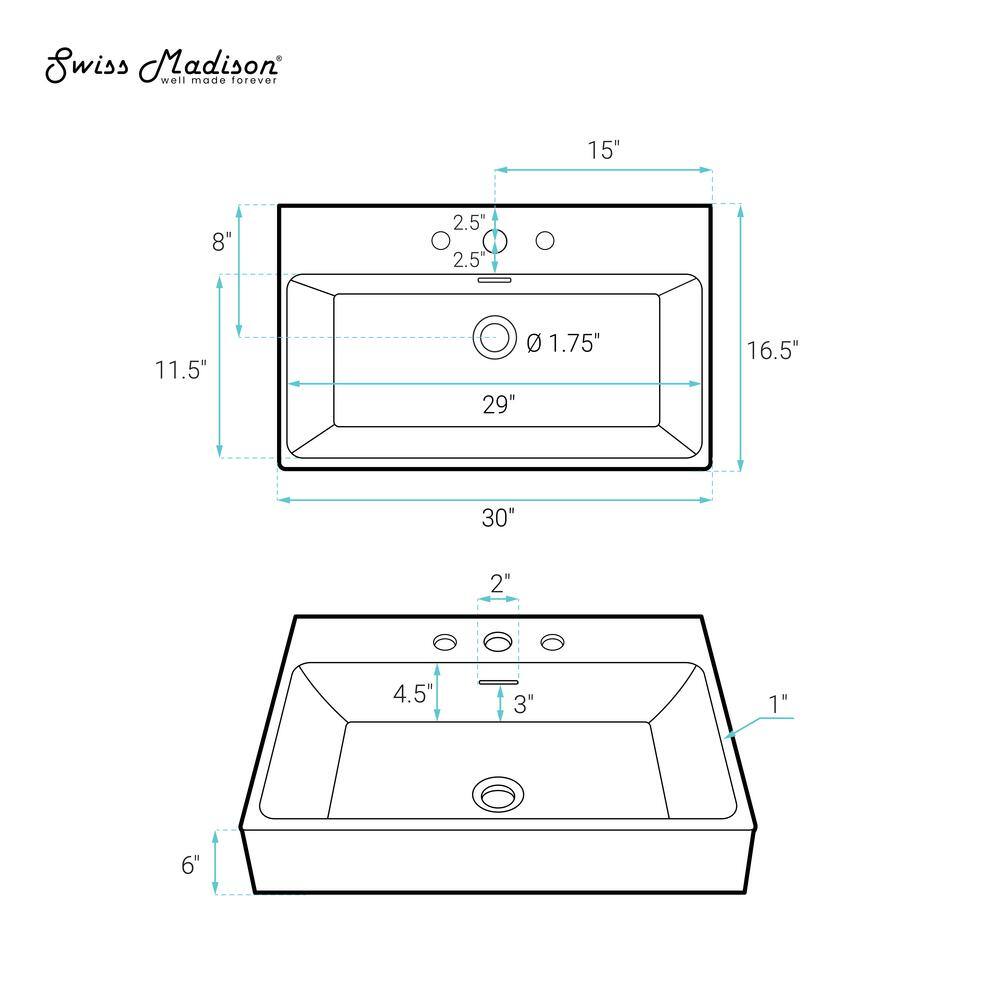 Claire 30" White Ceramic Wall-Mount Rectangular Bathroom Sink
