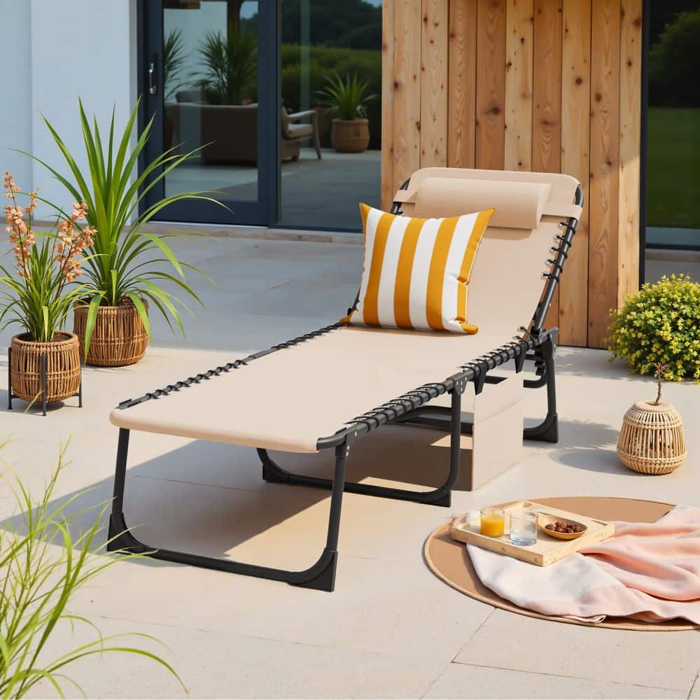 Black Metal Folding Outdoor Chaise Lounge, 5-Position Reclining Portable Patio Chair, Beige price history on PriceWatchPro