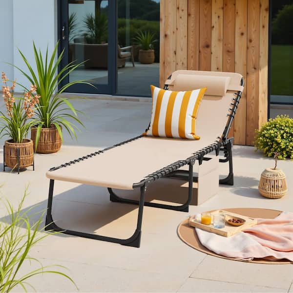 Tozey Black Metal Folding Outdoor Chaise Lounge, 5-Position Reclining Portable Patio Chair, Beige
