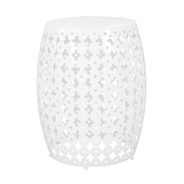 Noble House Lorent White Barrel Metal Outdoor Side Table