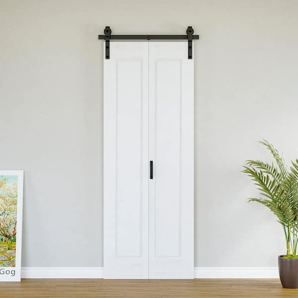 32 in. x 84 in. Paneled 1-Lite White Primed Hollow Core MDF Composite Bi-Fold Door with Bifold Barn Door Hardware