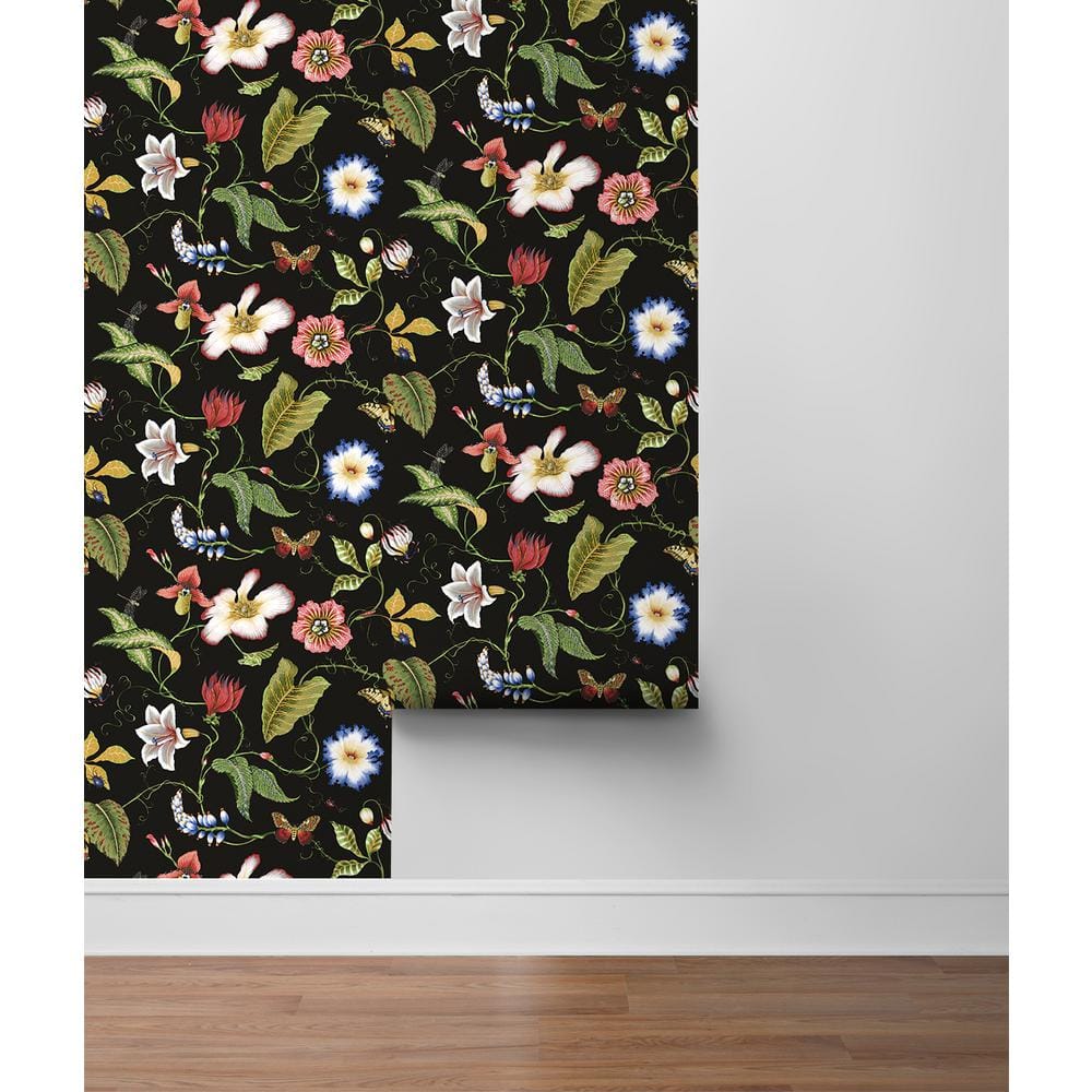 Jet Black Floral Peel and Stick Vinyl Wallpaper