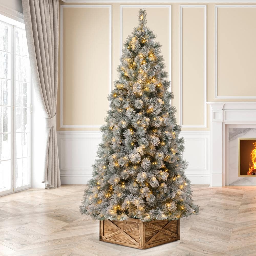 7.5ft Pre-Lit Snow Flocked Spruce Christmas Tree with Warm White Lights