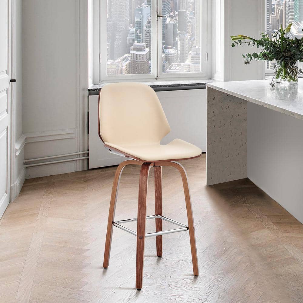 Cream Faux Leather and Walnut Wood Swivel Bar Stool