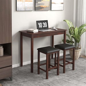 3-Piece Brown MDF Top Bar Table Set Dining Table & 2 PVC Leather Upholstered Bar Stools Seats 2