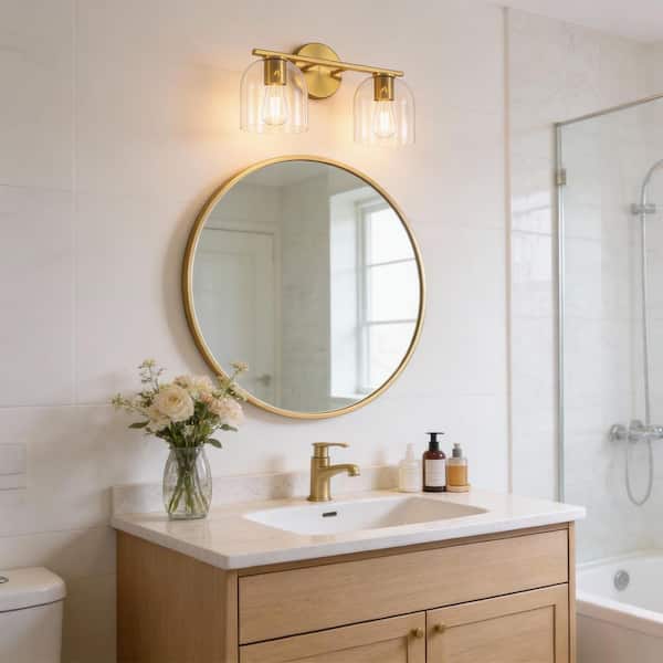 14 in. 2-Light Modern Gold Vanity Light, Clear Glass Farmhouse Bathroom Wall Sconce Light Fixture