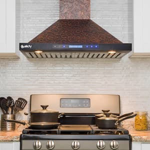 30 in. Convertible Wall Mount Embossed Copper Vine Design Kitchen Range Hood with Lights
