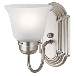 Independence 1-Light Brushed Nickel Bathroom Indoor Wall Sconce Light with Satin Etched Glass Shade
