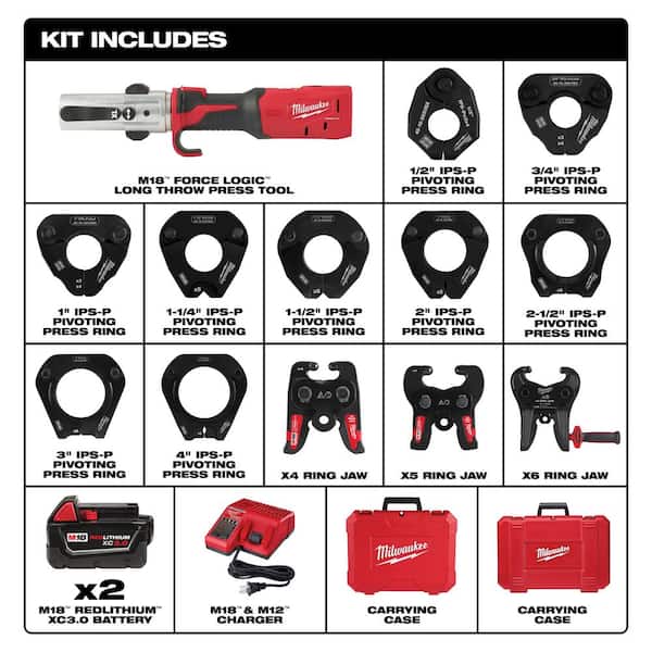 M18 18-Volt Lithium-Ion Cordless FORCE LOGIC Long Throw Press Tool Kit w/ 1/2 in. - 4 in. IPS-P Pivoting Press Ring Kit
