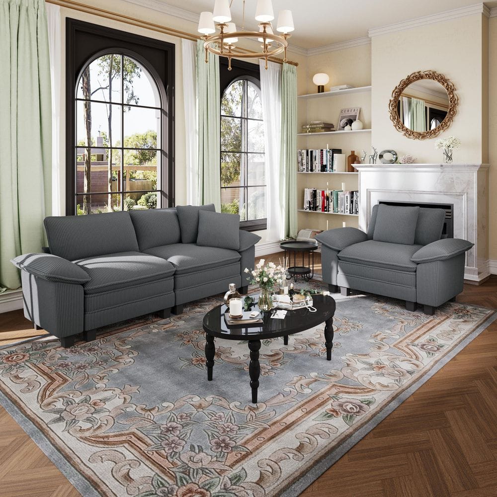 87.5 in. Flared Arm 3-Seat Corduroy Fabric Modular Sectional Sofa in. Light Gray with Throw Pillows for Living Room