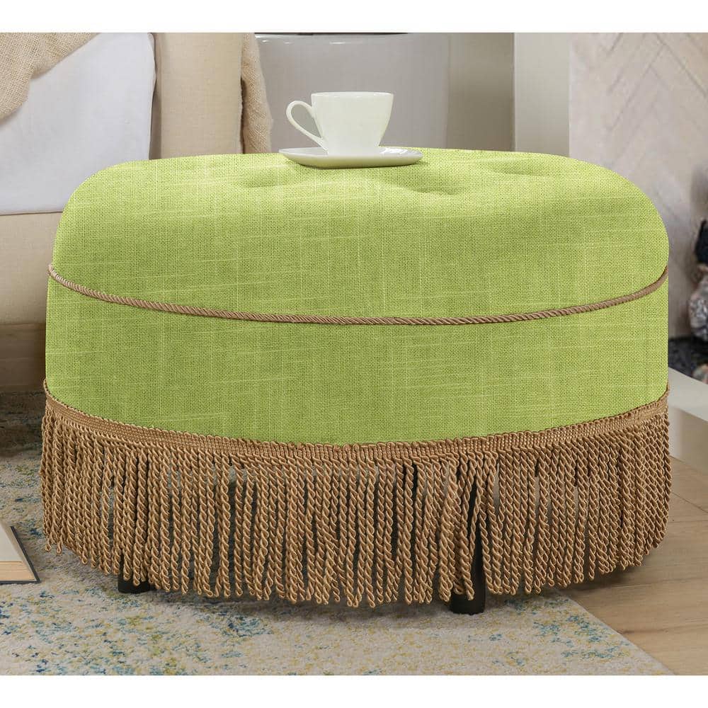 Bright Chartreuse Linen Cotton Blend Round Tufted Ottoman with Ivory Trim