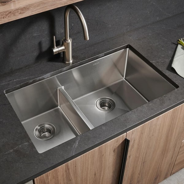 Urbana 33 in. Undermount Double Bowl 16 Gauge Stainless Steel Kitchen Sink with Low Divide and Rounded Corners