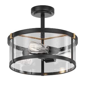 14.17 in. 3-Light Industrial Black Semi-Flush Mount Ceiling Light with Seeded Glass Shade