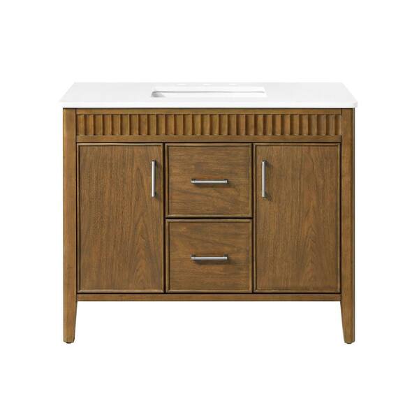 Juliette 42 in. Single Sink Freestanding Warm Walnut Bath Vanity with White Quartz Top and Brushed Nickel Hardware