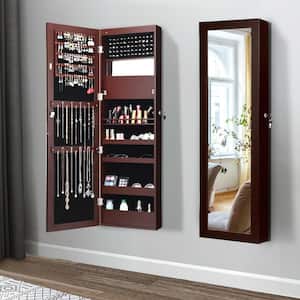 47 in. H x 14.5 in. W x 3.5 in. D Wall Door Mounted Lockable Jewelry Cabinet Armoire Organizer with LED Brown