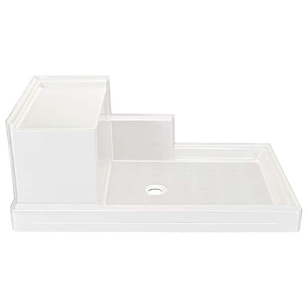 Ella 60 in. L x 36 in. W Acrylix Alcove Shower Pan Base with Center Drain in White with Left Hand Built-In Shower Seat