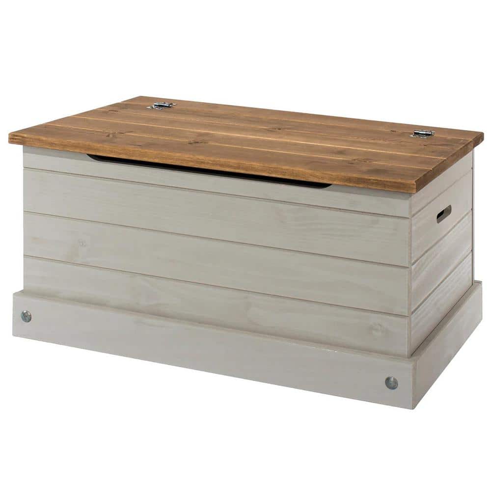 Gray Wash and Antique Brown Pine Wood Storage Trunk