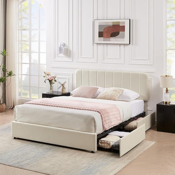 Upholstered Bed Beige Metal Frame Full Size Platform Bed with 4 Storage Drawers and Headboard Wooden Slats Support