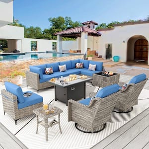 Apollo 11-Piece Wicker Rectangular Fire Pit Sets and Swivel Rocking Chairs with Blue Cushion