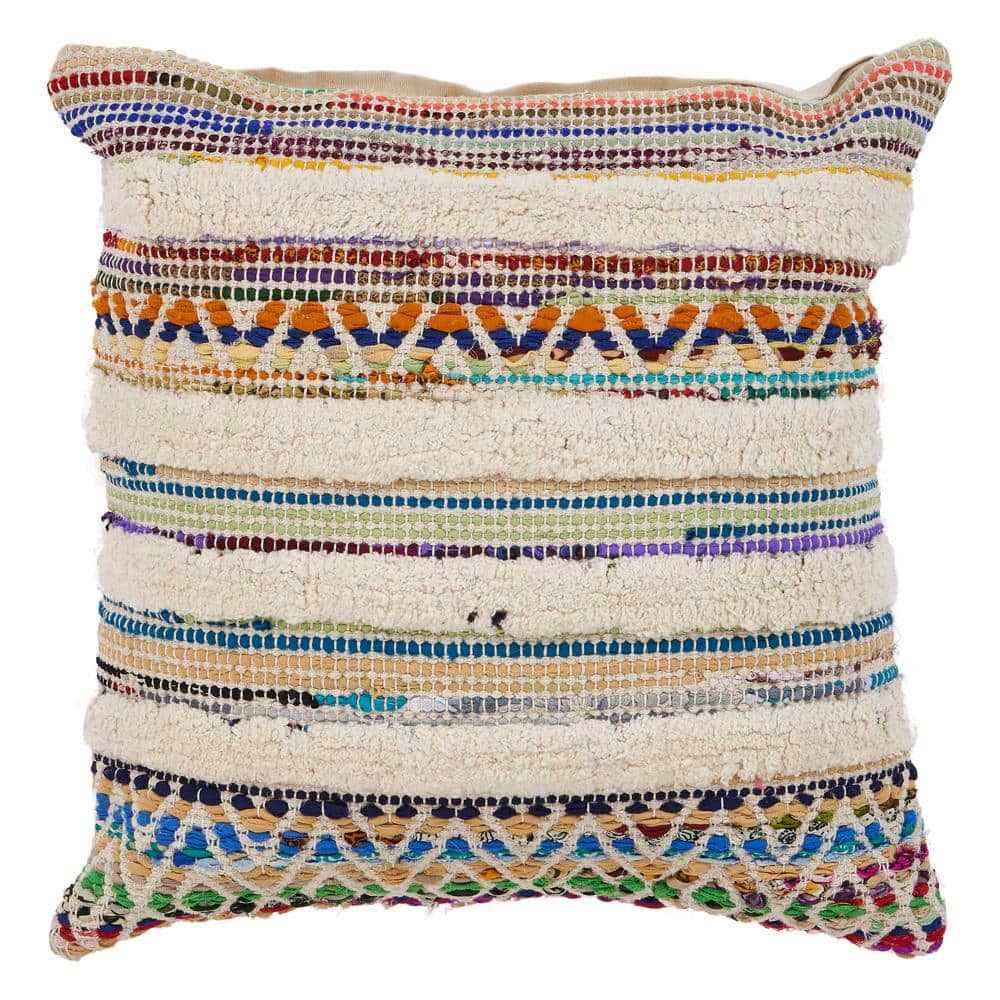 Multicolor Handwoven Cotton Chevron Striped Throw Pillow, 18" Square