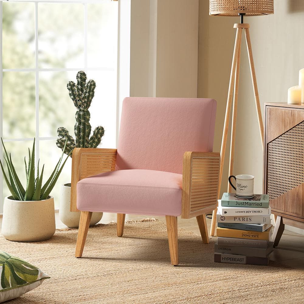 Bohemian Blush Velvet Handcrafted Accent Chair with Rattan Armrests