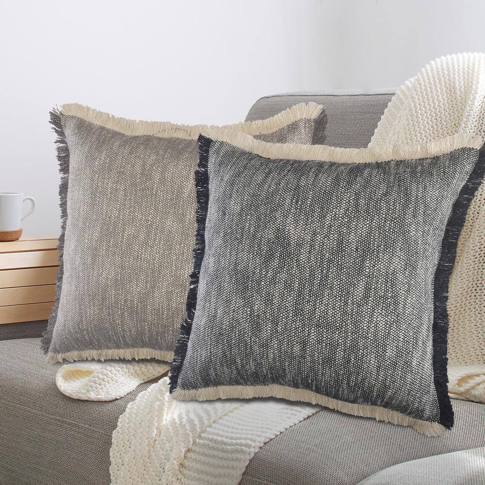 Dark Blue and White Cotton Fringe Throw Pillow, 20" Square