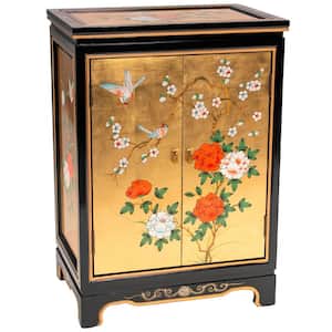 34.25 in. H x 24 in. W 8-Pair Gold Lacquered Wood Birds and Flowers Shoe Storage Cabinet