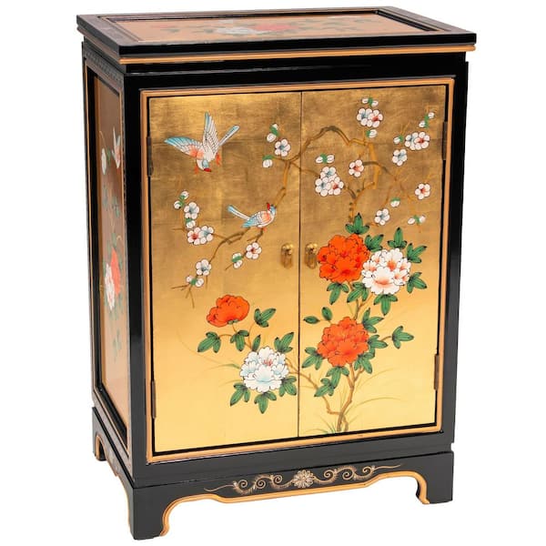 Oriental Furniture 34.25 in. H x 24 in. W 8-Pair Gold Lacquered Wood Birds and Flowers Shoe Storage Cabinet