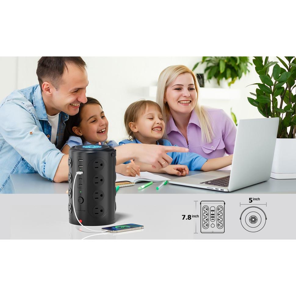 Black Heavy Duty Tower Power Strip with 16 Outlets and 5 USB Ports