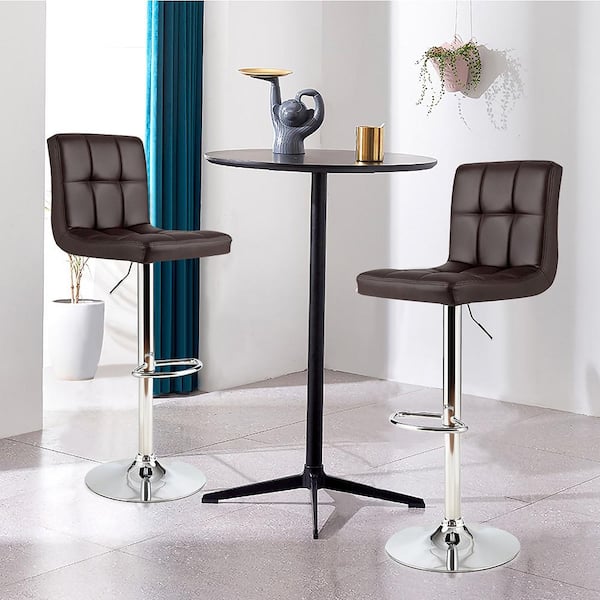 Costway 46 in. Brown Low Back Metal Adjustable Height Bar Stool with Leather Seat (Set of 2)