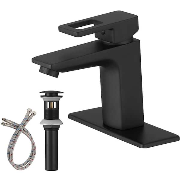 FLG Single Handle Single Hole Bathroom Faucet with Pop-Up Drain Kit and Deckplate Brass Sink Basin Faucets in Matte Black