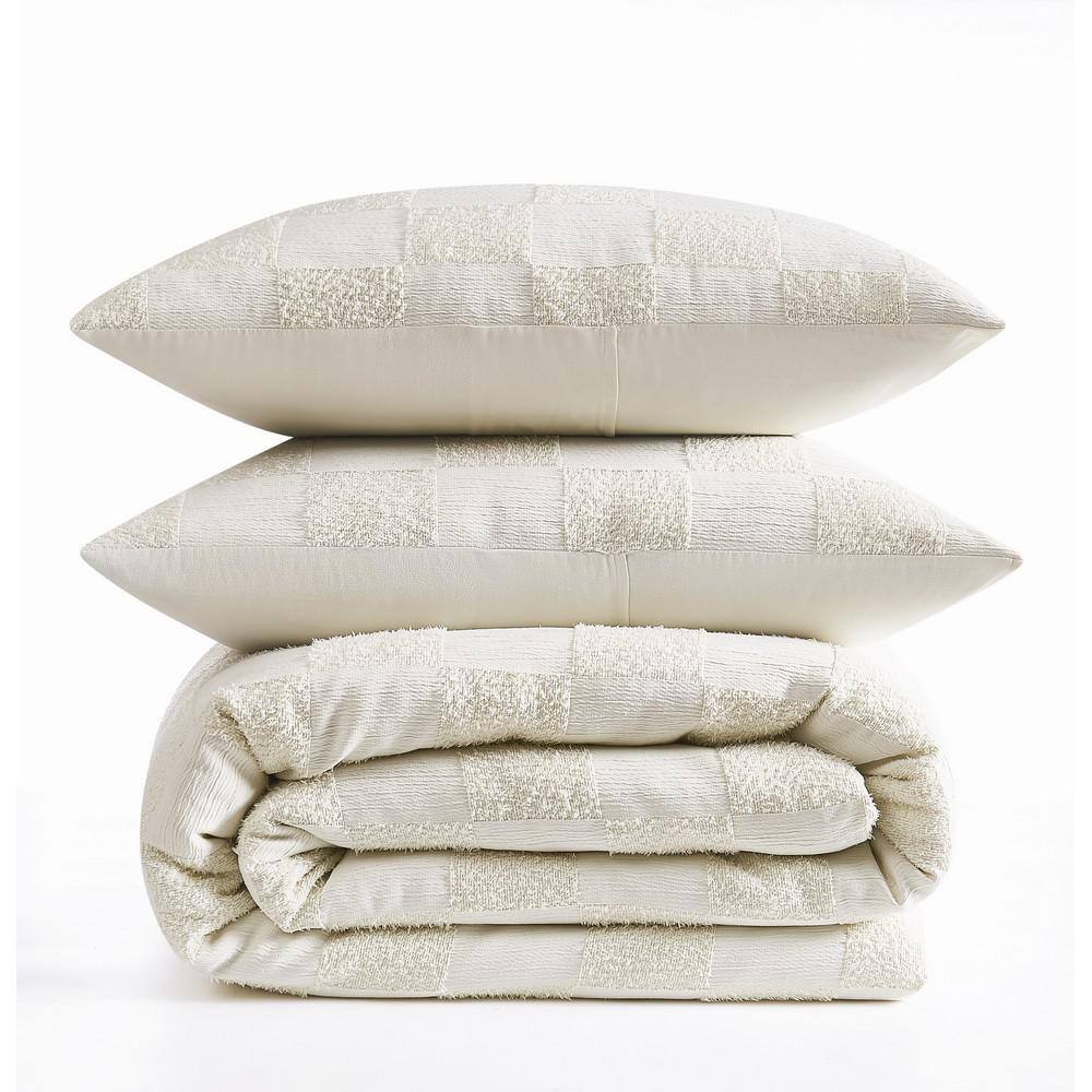 Cream Textured Checkered Queen Duvet Cover Set