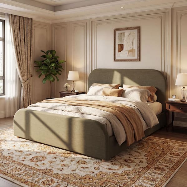 Green Wood Frame King Size Linen Upholstered Platform Bed with Curved Headboard, Solid Wood Legs