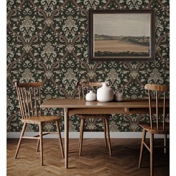 31.35 sq. ft. Ebony and Clay Acanthus Ogee Vinyl Peel and Stick Wallpaper Roll