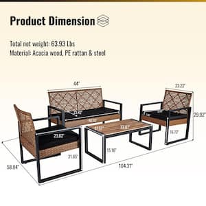 Brown 4-Piece Wicker Rectangular Outdoor Dining Set with Black Cushion