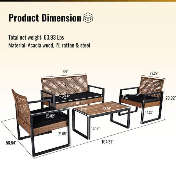 Brown 4-Piece Wicker Rectangular Outdoor Dining Set with Black Cushion